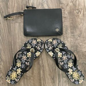 Tory Burch logo flip flop sandals and clutch coin purse